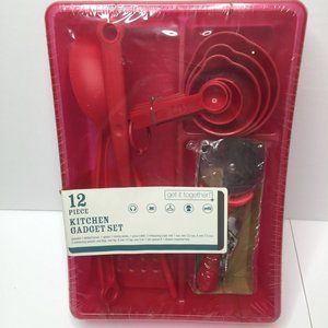 12 Piece Red Kitchen Gadget Set Measuring Cups Spoons Pizza Can Opener Drawer